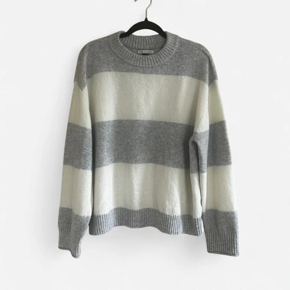 American Eagle Woah So Soft Crew Neck Sweater in Grey and White Striped Pattern - Picture 1 of 7